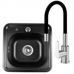 Zlewozmywak zlew stalowy z baterią kwadratowy 38x38x18cm SYFON WYLEWSKA CZARNY