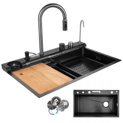Zlewozmywak zlew stalowy wielofunkcyjny 75x45 cm deszczownica ociekacz wodospad czarny