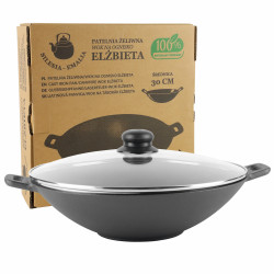 Patelnia żeliwna WOK z dwoma rączkami 30cm + pokrywka szklana INDUKCJA KUCHNIA TAJSKA