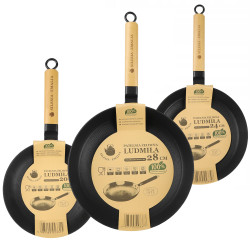 Zestaw patelni żeliwnych z drewnianą rączką LUDMIŁA 20cm + 24cm + 26cm