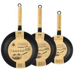 Zestaw patelni żeliwnych z drewnianą rączką LUDMIŁA 20cm + 24cm + 28cm