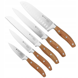 Komplet zestaw noży noże kuchenne 5 sztuk BLOK MAGNETYCZNY DREWNO PREMIUM