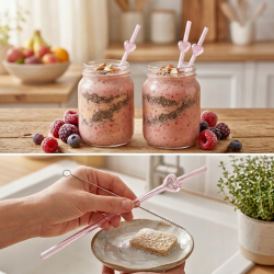 Słomki rurki szklane wielorazowe 2sztuki SŁOMKA Z CZYŚCIKIEM SZCZOTECZKĄ RÓŻOWE