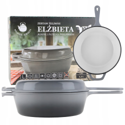 Patelnia żeliwna emaliowana rondel 2w1 ELŻBIETA 26,5 cm SZARA INDUKCJA GAZ PIEKARNIK
