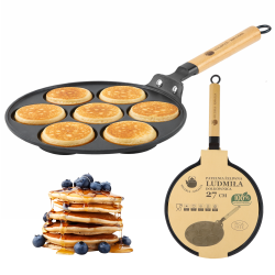 Patelnia żeliwna dołkownica LUDMIŁA 27cm + DOZOWNIK DO CIASTA PANCAKE PLACKI INDUKCJA