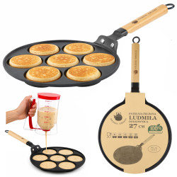 Patelnia żeliwna dołkownica LUDMIŁA 27cm + DOZOWNIK DO CIASTA PANCAKE PLACKI INDUKCJA